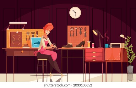 Happy shoemaker repairing shoe manually at workshop with two desks and various tools for work cartoon vector illustration