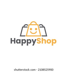 happy shop logo. unique and simple combination of shopping bag and smile emotion logo template