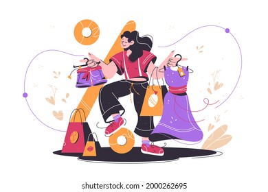 Happy shopaholic attractive woman buying clothes at market. Isolated concept smiling female character after shopping holds packages with stuff and relaxing at shop. Vector illustration.