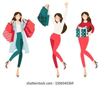 Happy shopaholic girl shopping for christmas collection eps10 vectors illustration