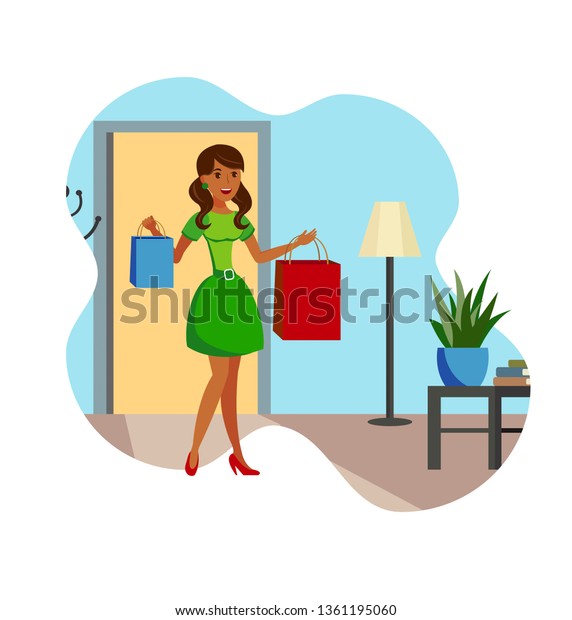 Happy Shopaholic Home Flat Vector Illustration Stock Vektorgrafik Lizenzfrei