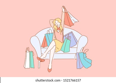 Happy shopaholic with purchases, consumerism concept. Young female buyer, cheerful fashionista with shopping bags sitting on sofa satisfied after visiting boutiques. Simple flat vector