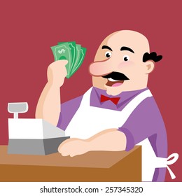 Happy shopkeeper; Vector Illustration 