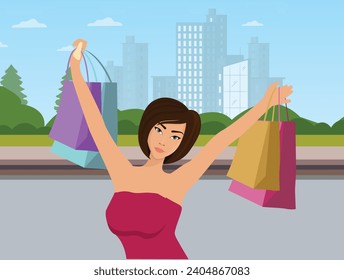 Happy shopper. The girl holds packages. Big Sale. Vector illustration of a flat design