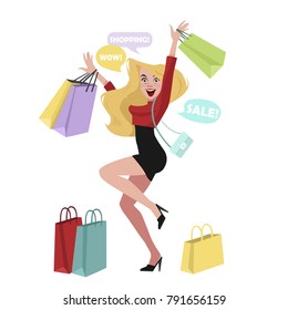 Happy shopper. The girl holds packages. Big Sale. Sales. Funny cartoon character. Vector illustration of a flat design