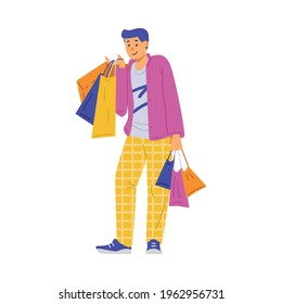 Happy shopper male cartoon character with shop bags in both hands, flat vector illustration isolated on white background. Happy cheerful man with purchases.