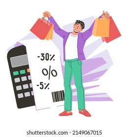 Happy shopper saves on purchases. Buyer purchases goods on sale with great profit, profitable shopping, discount concept flat vector illustration isolated on white background.