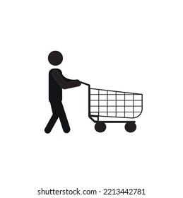 happy shopper walking with supermarket cart, flat design style, customer icon isolated on white background