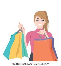 Happy Shopper woman holding colorful shopping bags with joy and excitement. Flat vector Character Illustration