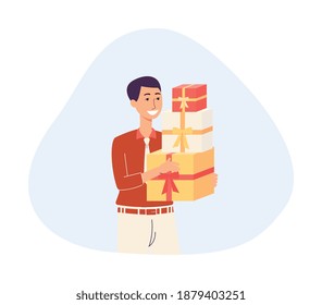 Happy shopper a young male person with a lot of gifts for family or friends. Seasonal holiday sales, discounts, black friday or cyber monday. Flat cartoon vector illustration.