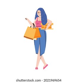 Happy shopper young woman carrying purchases. Sales and discounts in shops or malls. Black friday and cyber monday for shopaholic. Isolated vector illustration.