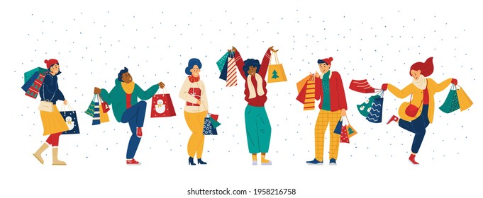 Happy shoppers enjoying sales, discounts of black friday or cyber monday during new year holidays. Men and women hold lot packages with christmas gifts. Flat vector illustrations