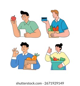Compradores felices con comestibles y métodos de pago