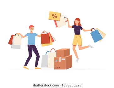 Happy shoppers with shop bags and stack of boxes, flat vector illustration isolated on white background. Buyers cartoon characters cheerful with their purchases.