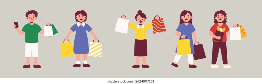 Happy shoppers showcasing their purchases with colorful shopping bags