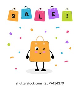 Happy shopping bag character celebrating a festive sale with colorful decorations