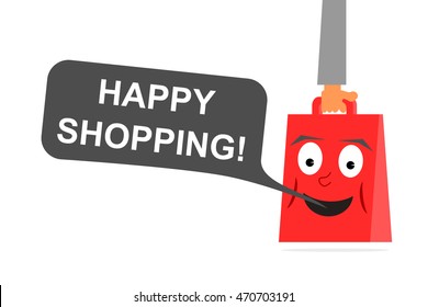 Happy shopping bag with text Happy shopping in bubble. The happy bag is held by hand. Vector illustration on white background.