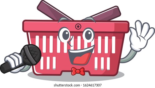 Happy shopping basket singing on a microphone