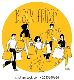 Happy shopping. Black Friday sale event. Flat cartoon people characters with shopping bags. Big discount, sale promo vector concept.