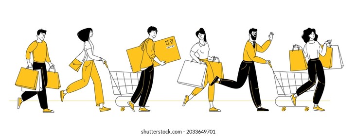 Happy shopping. Black Friday sale event. Flat cartoon people characters with shopping bags. Big discount, sale promo vector concept.