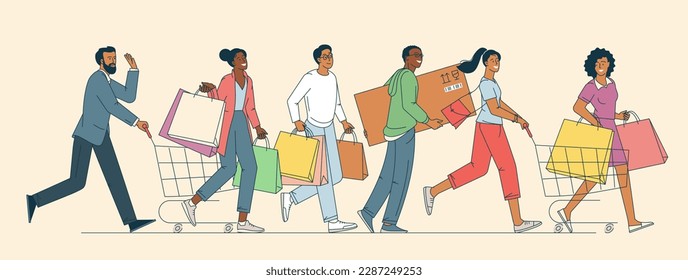 Happy shopping. Black Friday sale event. Flat cartoon people characters with shopping bags. Big discount, sale promo vector concept.