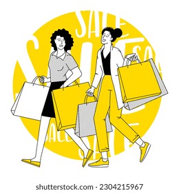 Happy shopping. Black Friday, seasonal big sale and clearence. Online and offline shopping black and yellow vector concept.