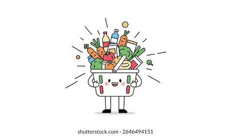 Happy shopping cart full of healthy and fresh groceries for healthy life style