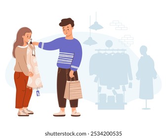 Happy shopping. Couple people buyers in store. Man and girl try on dress at sale. Nearby are clothes on hangers and female mannequin. Vector illustration. Holiday shopper character, purchase concept