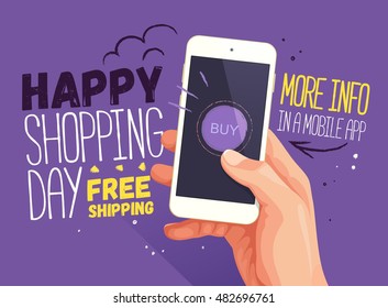 Happy shopping day for mobile app banner. Discount banner design, website sale, poster design for print or web, media, promotional material. Sale and discounts. Free shipping
