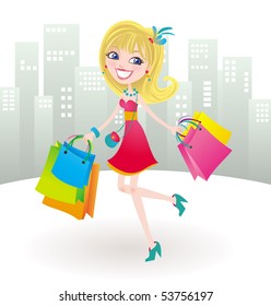 Happy shopping day. Vector illustration of a cute posh girl with a huge smile after shopping all day, carrying a lot of bags.