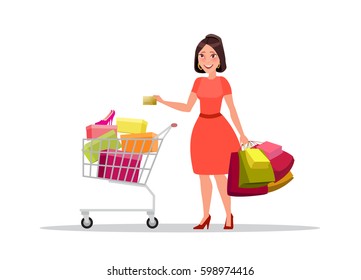 Happy shopping girl or brunette woman with golden credit card and bags or packages with purchases and shopping cart. Big Sale. Vector characters illustration stock vector in cartoon style