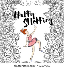 Happy shopping. Happy girl. Flowers.  Vector illustration. 