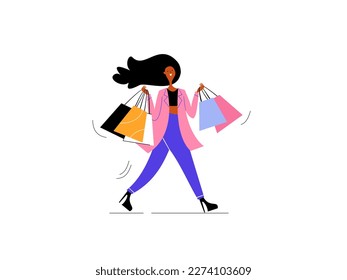 Happy shopping girl. Vector illustration. Isolated on white background