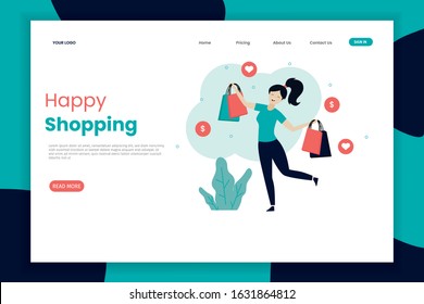 Happy shopping landing page template. Happy woman after shopping. Landing page template