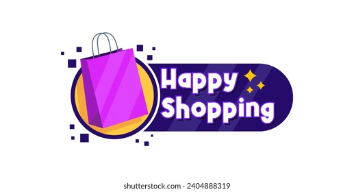 Happy Shopping logo with shopping bag display. Online sale concept design. Logo ornaments for banners, brochures and website banners