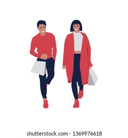 Happy shopping people with fashion shop interior. Vector background.