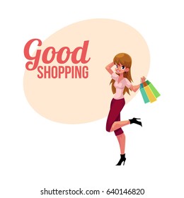 Happy shopping poster, banner template with fashionable girl, woman holding bags, holiday sale concept, cartoon vector illustration. Poster, banner with happy girl, woman holding shopping bags