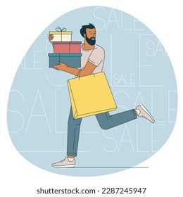 Happy shopping sale event. Flat cartoon man character with shopping bag and gift boxes. Big discount, sale promo vector concept.