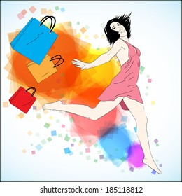 Happy shopping vector illustration. Jumping girl with shopping bags