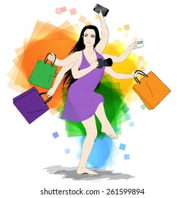 Happy shopping vector illustration. Many-armed girl with shopping bags