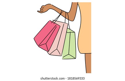 Happy shopping woman . Vector cartoon illustration