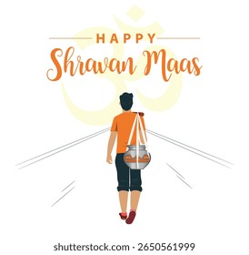 Happy shravan maas banner design, man walking with a water pot, back view illustration