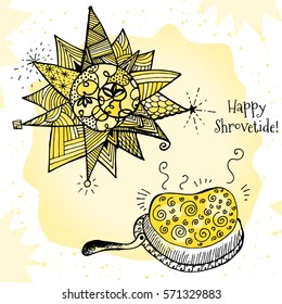 Happy Shrovetide Hand Drawn Vector Illustration. Stylized Sun and Pancakes