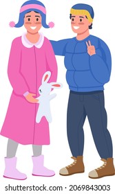 Hermano feliz en invierno con caracteres vectoriales de color semiplano. Posando cifras. Gente de cuerpo entero en blanco. Temporada festiva aislado estilo cartográfico moderno ilustración para diseño gráfico y animación
