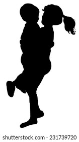 happy siblings playing, silhouette vector 