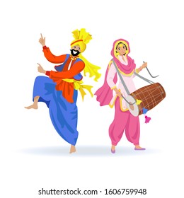 Happy Sikh couple, bearded man in turban dancing bhangra dance, young woman in pink Punjabi suit playing dhol drum at harvest festival Lohri, party. Isolated cartoon characters on white background
