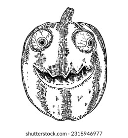 Happy silly and goofy Halloween smiling pumpkin face. Jack O Lantern spirit demon drawing on white background. Traditional Halloween symbol. Hand drawing sketch for celebration of fall. Vector.