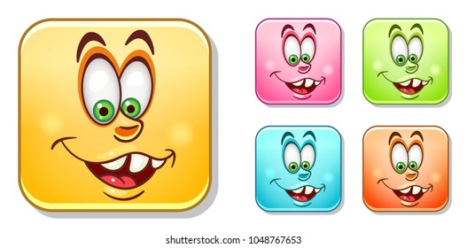 Happy silly laughing Emoji face. Emoticons collection. Colorful smiley set. Avatar symbol, internet message or chat icon, sign for web mobile app, logo, label, patch, sticker.