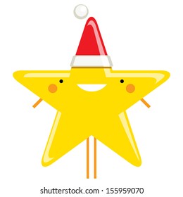 Happy simple cartoon vector smiling Christmas star Santa Claus character with hat