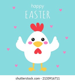 happy simple easter card with cartoon cute chicken, poster with cartoon little bird, vector illustration in flat style